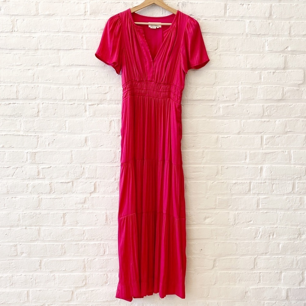 Anthropologie || Somerset Maxi Dress Smocked Waist Flutter‎ Sleeve Pink Satin XS
